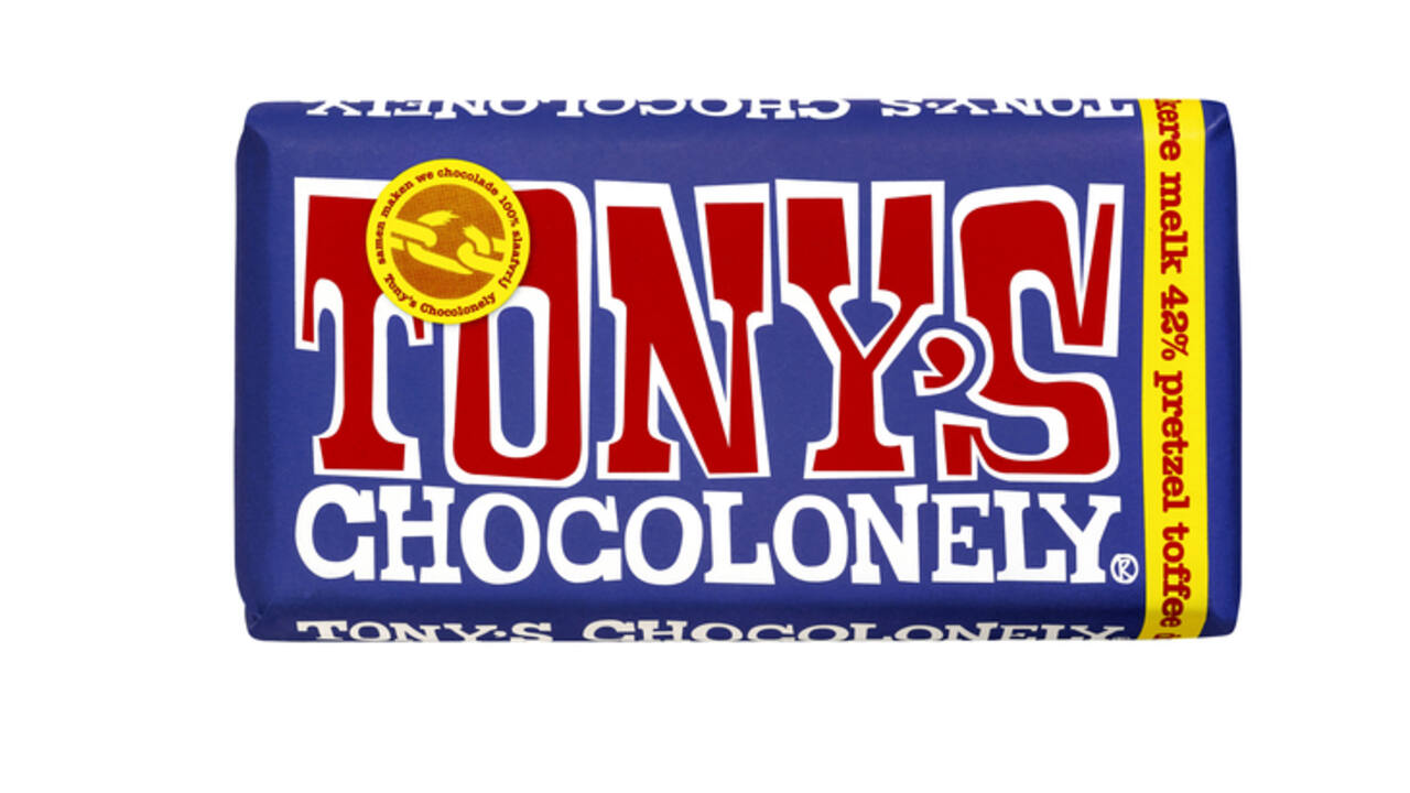 Chocolade Tony's Chocolonely donker melk pretzel toffee reep 180gr