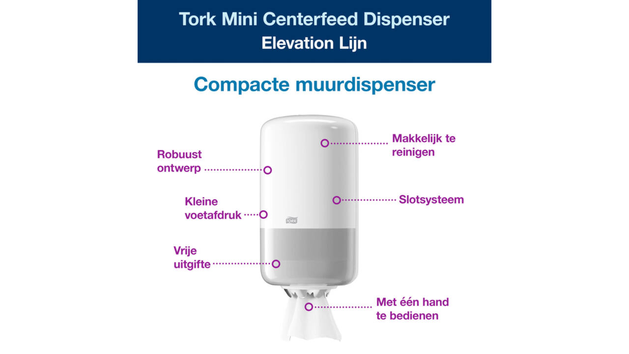 Poetspapierdispenser Tork M1 Elevation klein wit 558000
