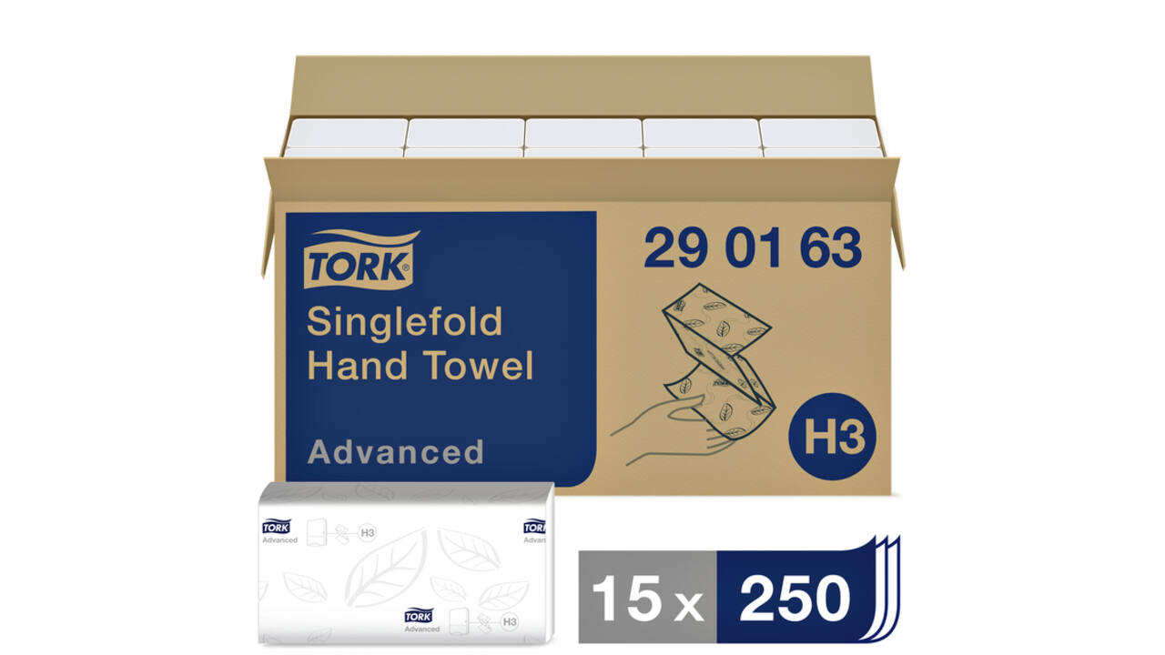Handdoek Tork H3 Advanced singlefold 2-laags 248x230mm 15x250 vel wit 290163