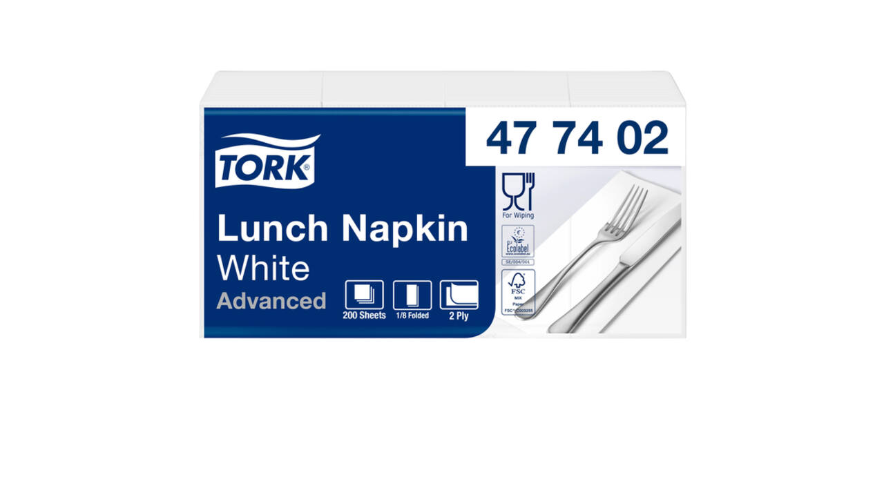 Lunchservet Tork Advanced 1/8 vouw 2-laags 328x325mm 200 vel wit 477402