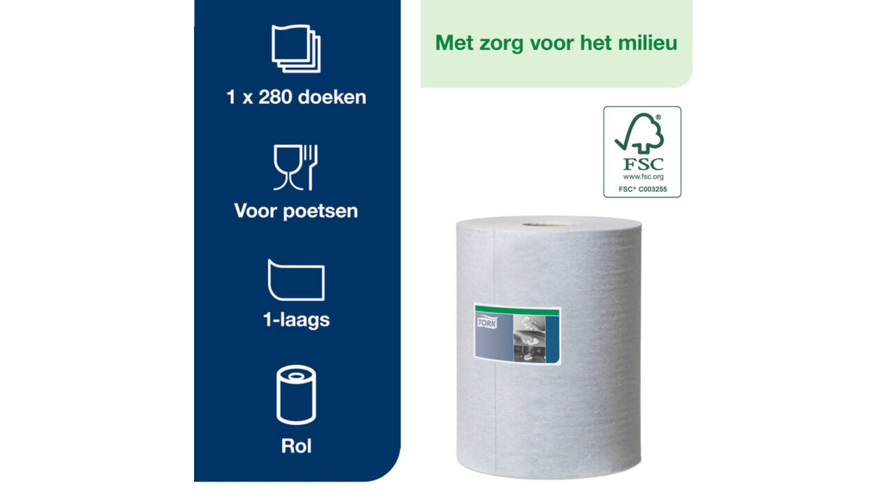 Reinigingsdoek Tork W1-W2-W3 Premium Heavy-Duty 1-laags 280 vel blauw 530237