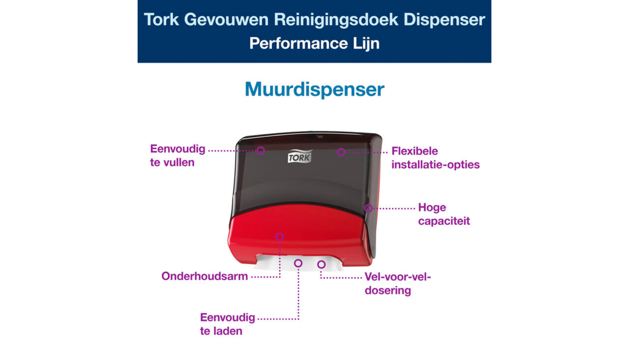 Reinigingsdoekdispenser Tork W4 Performance gevouwen rood 654008