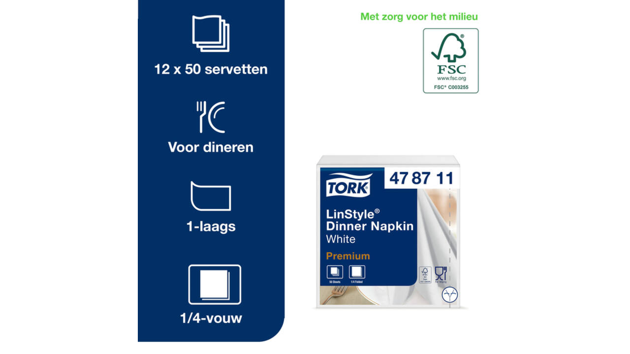 Dinerservet Tork Linstyle Premium 1/4 vouw 1-laags 390x390mm 50 vel wit 478722
