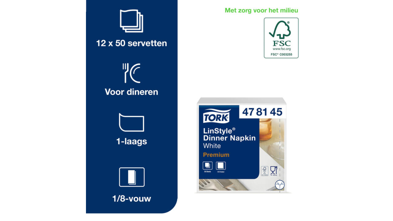 Dinerservet Tork Linstyle Premium 1/8 vouw 1-laags 390x390mm 50 vel wit 478180