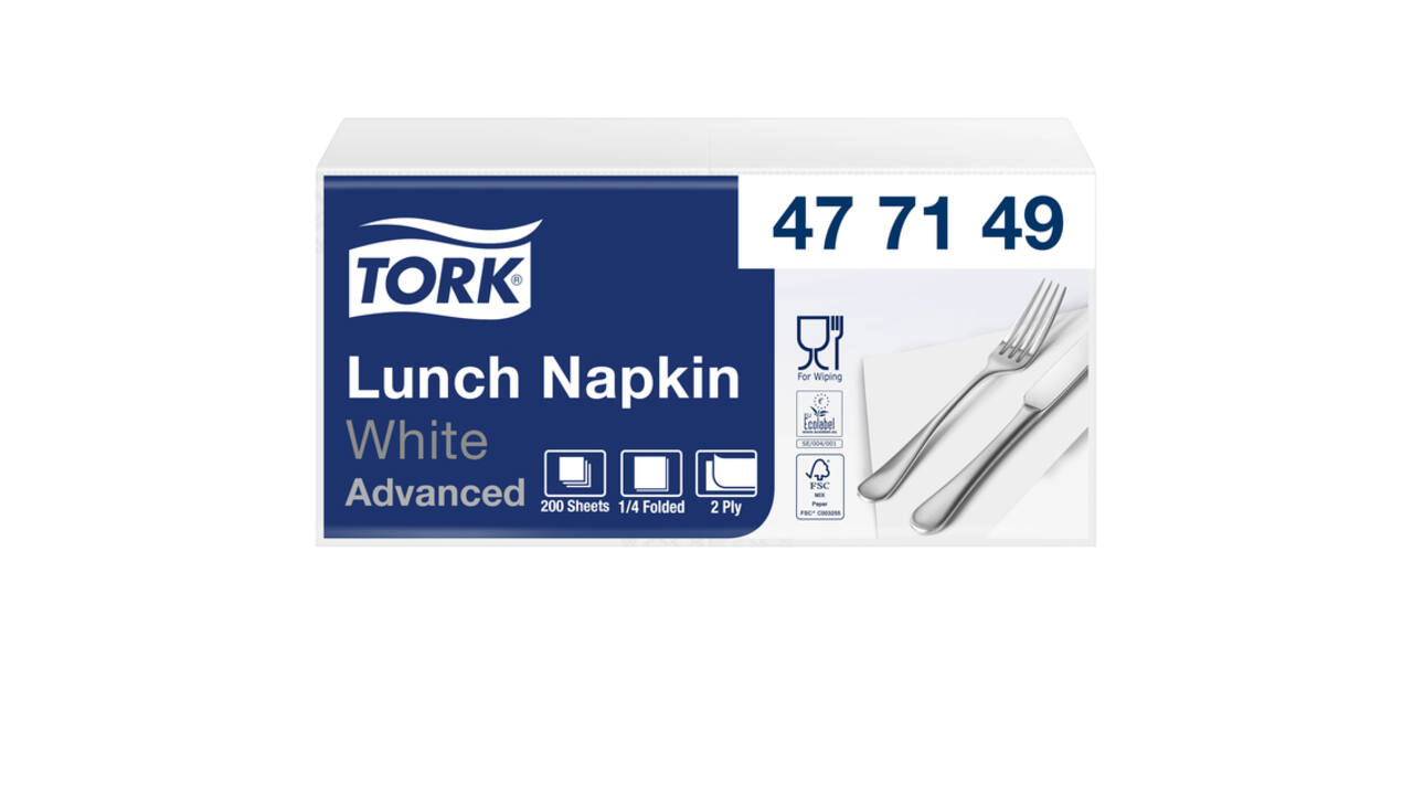 Lunchservet Tork Advanced 1/4 vouw 2-laags 328x325mm 200 vel wit 477149