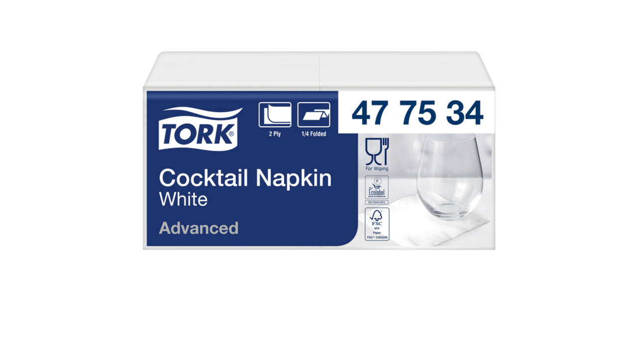 Cocktailservet Tork Advanced 1/4 vouw 2-laags 238x238mm 200 vel wit 477534