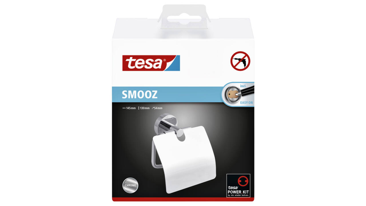 Toiletrolhouder met deksel tesa® Smooz hoogglans verchroomd metaal zelfklevend