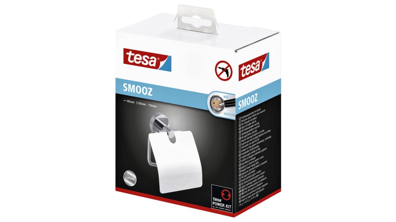 Toiletrolhouder met deksel tesa® Smooz hoogglans verchroomd metaal zelfklevend