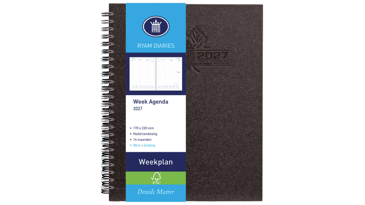Agenda 2027 Ryam Weekplan Wire-o 7dagen/2pagina's zwart