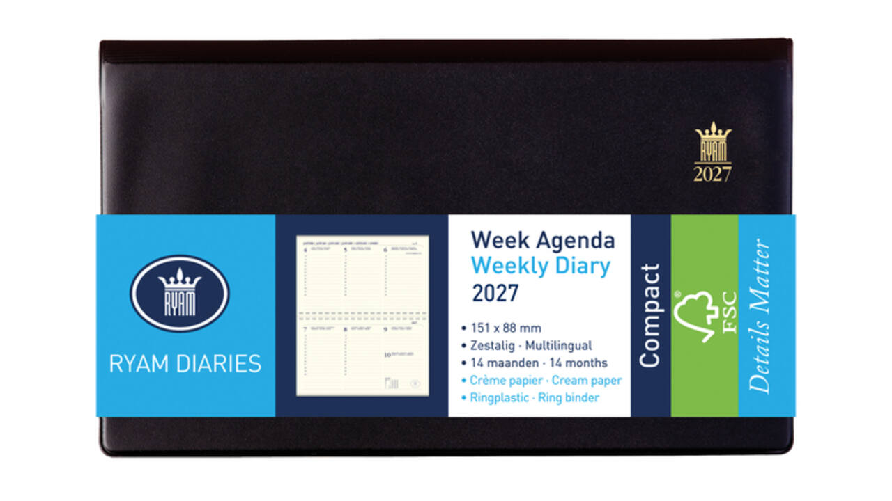 Agenda 2027 Ryam Compact Suprema 7dagen/2pagina's ringplastic zwart