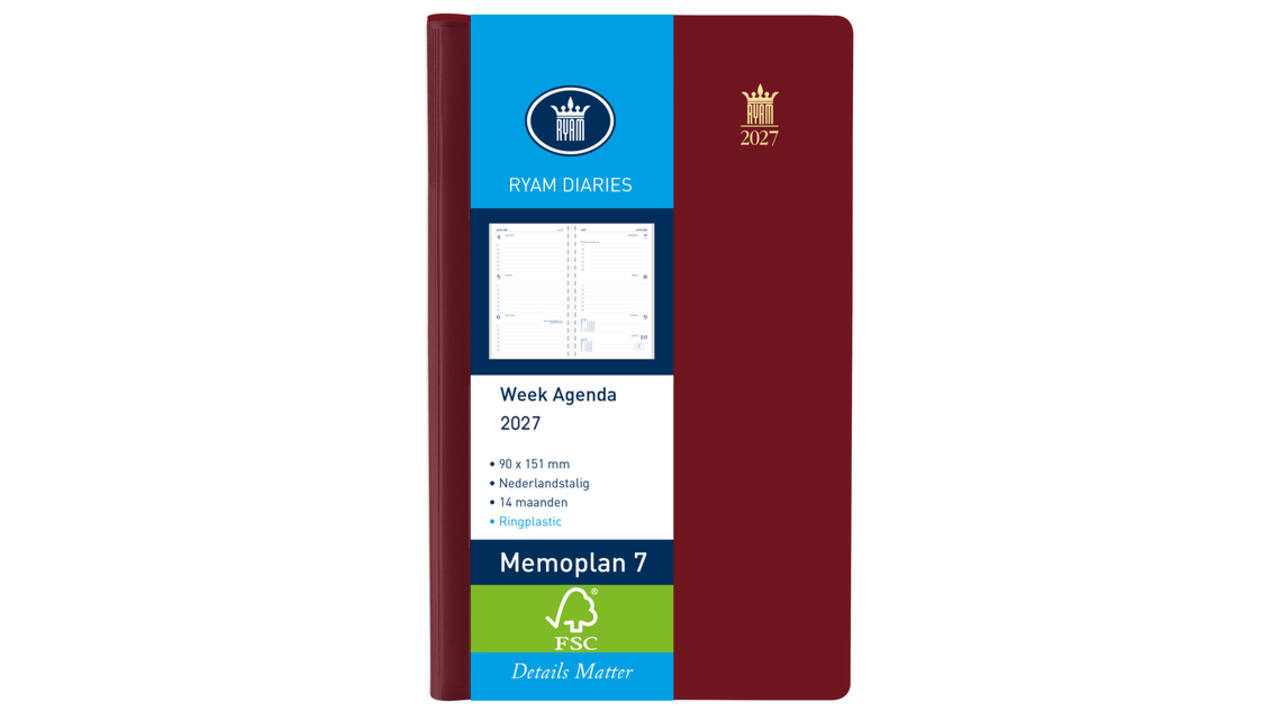 Agenda 2027 Ryam Memoplan 7 Suprema ringplasic 7dagen/2pagina's bordeaux