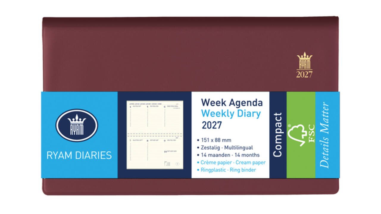 Agenda 2027 Ryam Compact Suprema 7dagen/2pagina's ringplastic bordeaux