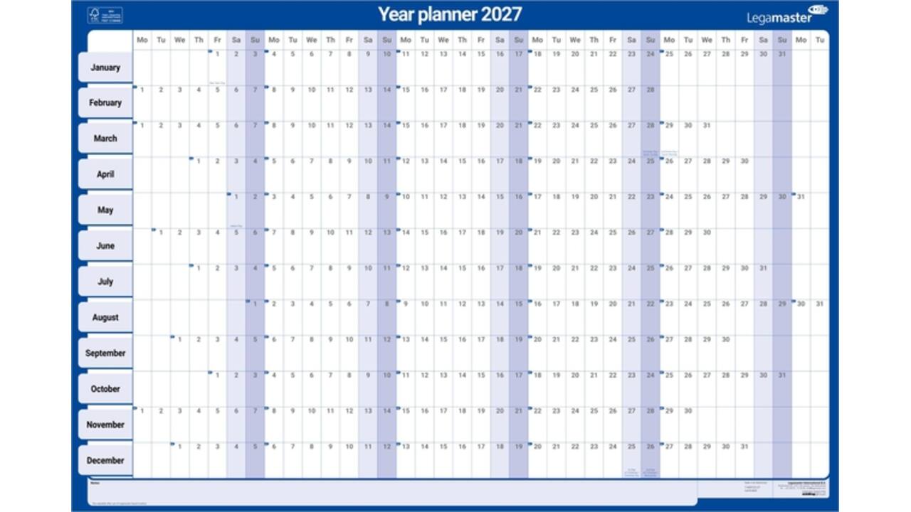Jaarplanner 2026 Legamaster 90x60cm horizontaal gelamineerd en oprolbaar Engelstalig