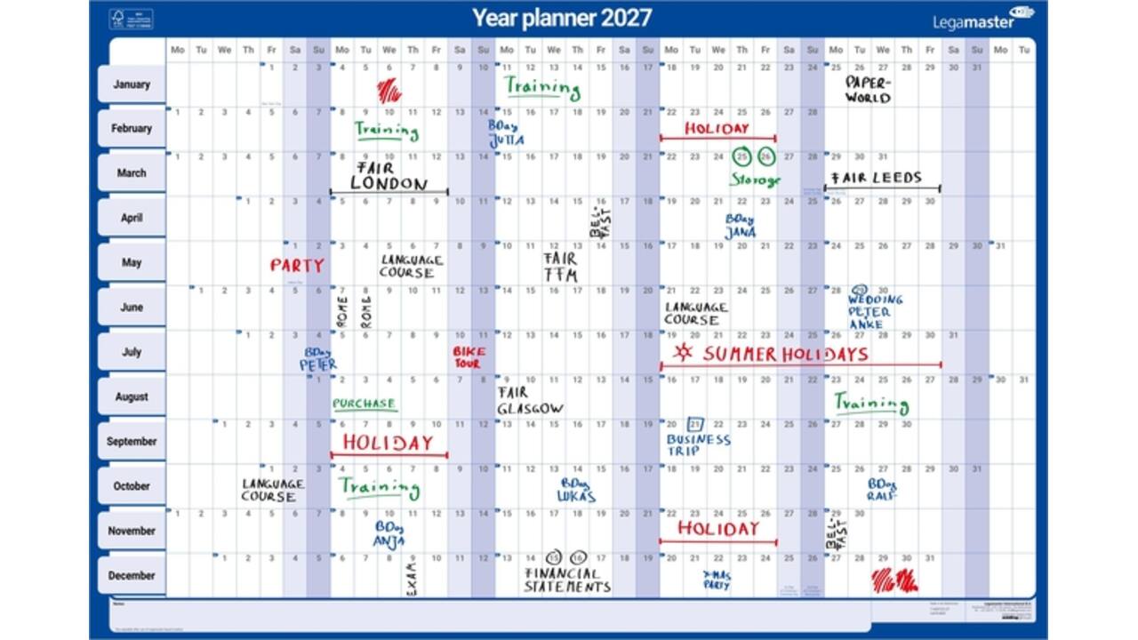Jaarplanner 2026 Legamaster 90x60cm horizontaal gelamineerd en oprolbaar Engelstalig