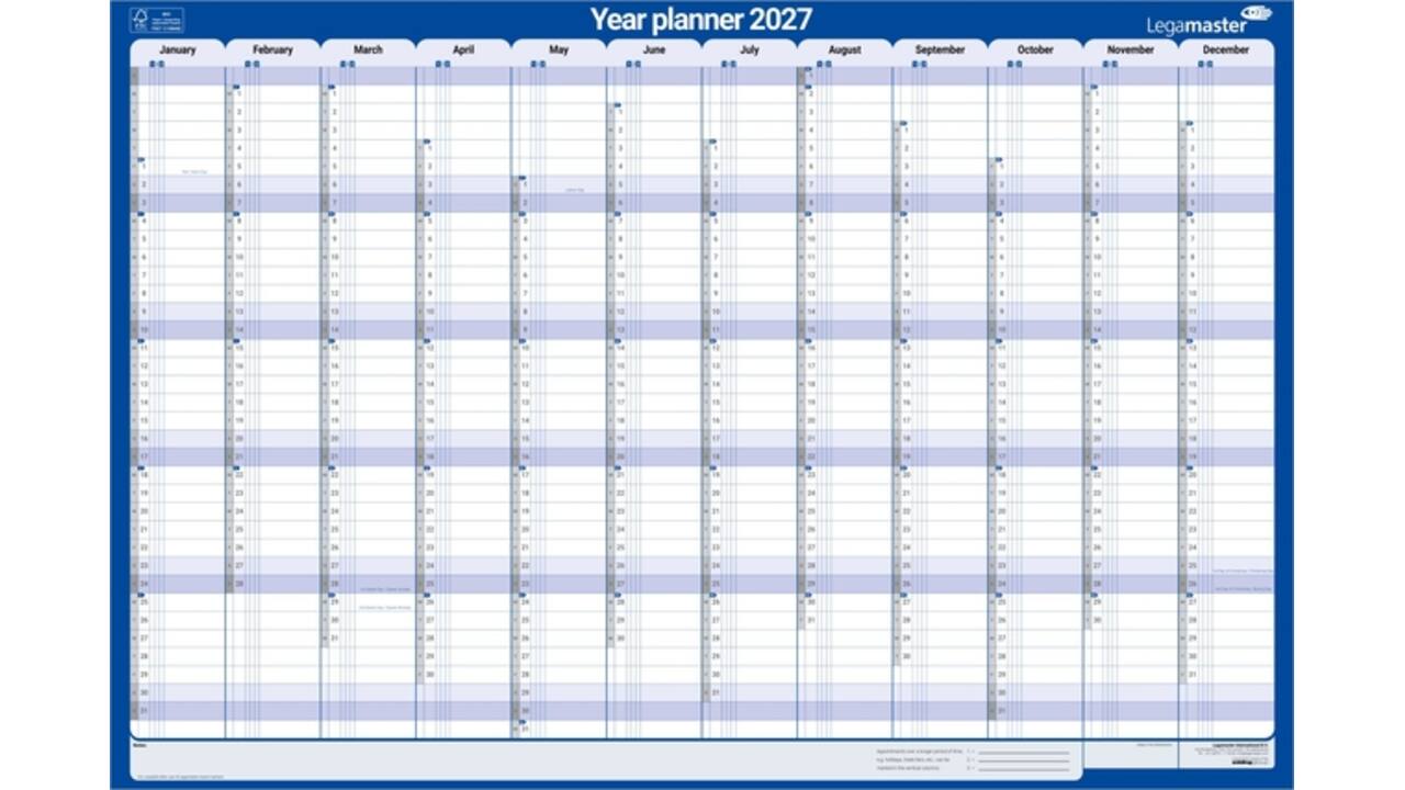 Jaarplanner 2027 Legamaster 1 persoon 90x60cm horizontaal gelamineerd Engelstalig