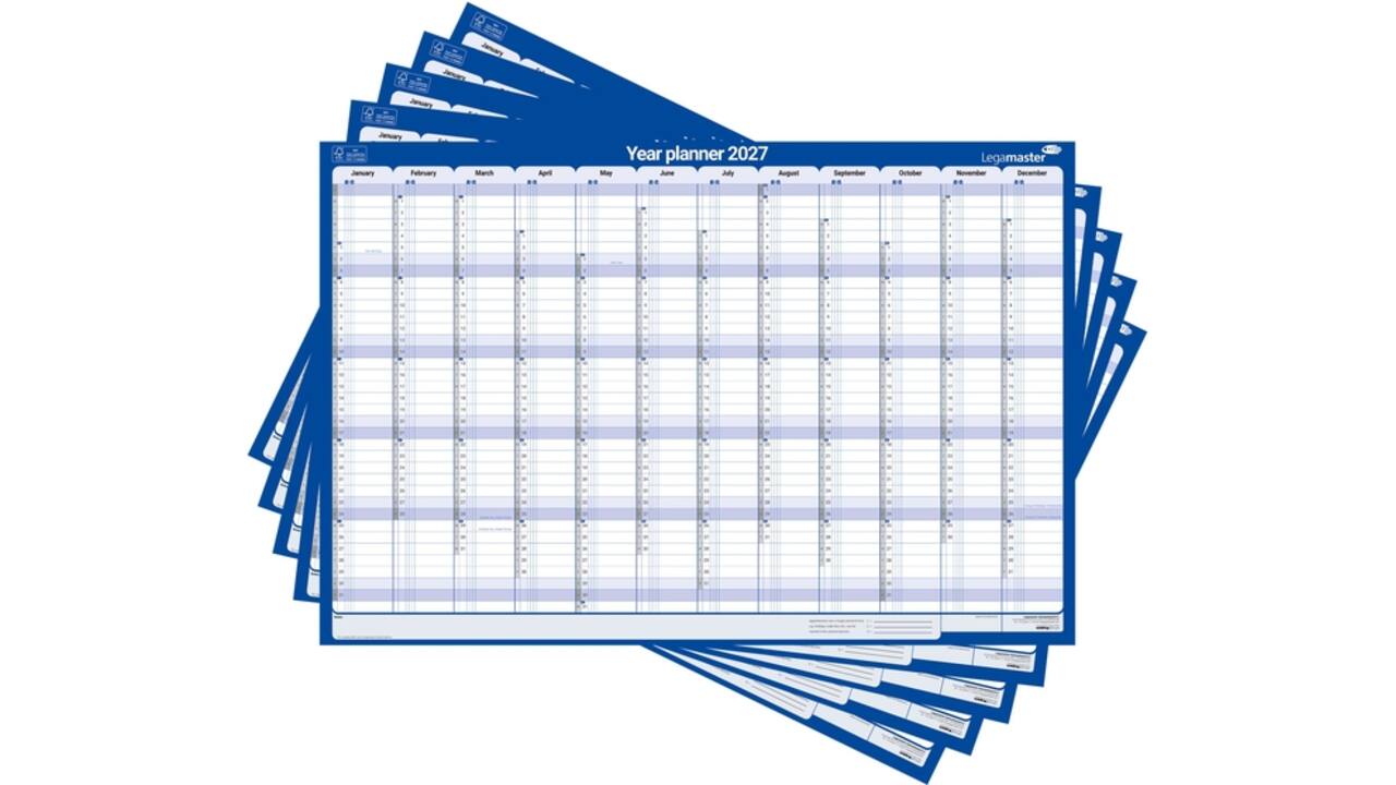 Jaarplanner 2027 Legamaster 1 persoon 90x60cm horizontaal gelamineerd Engelstalig