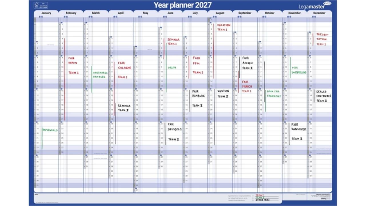 Jaarplanner 2027 Legamaster 1 persoon 90x60cm horizontaal gelamineerd Engelstalig
