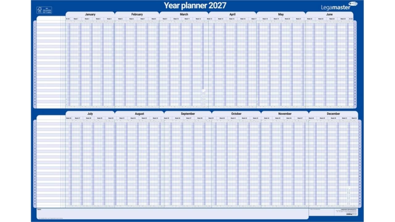 Projectplanner 2026 Legamaster 90x60cm horizontaal gelamineerd Engelstalig