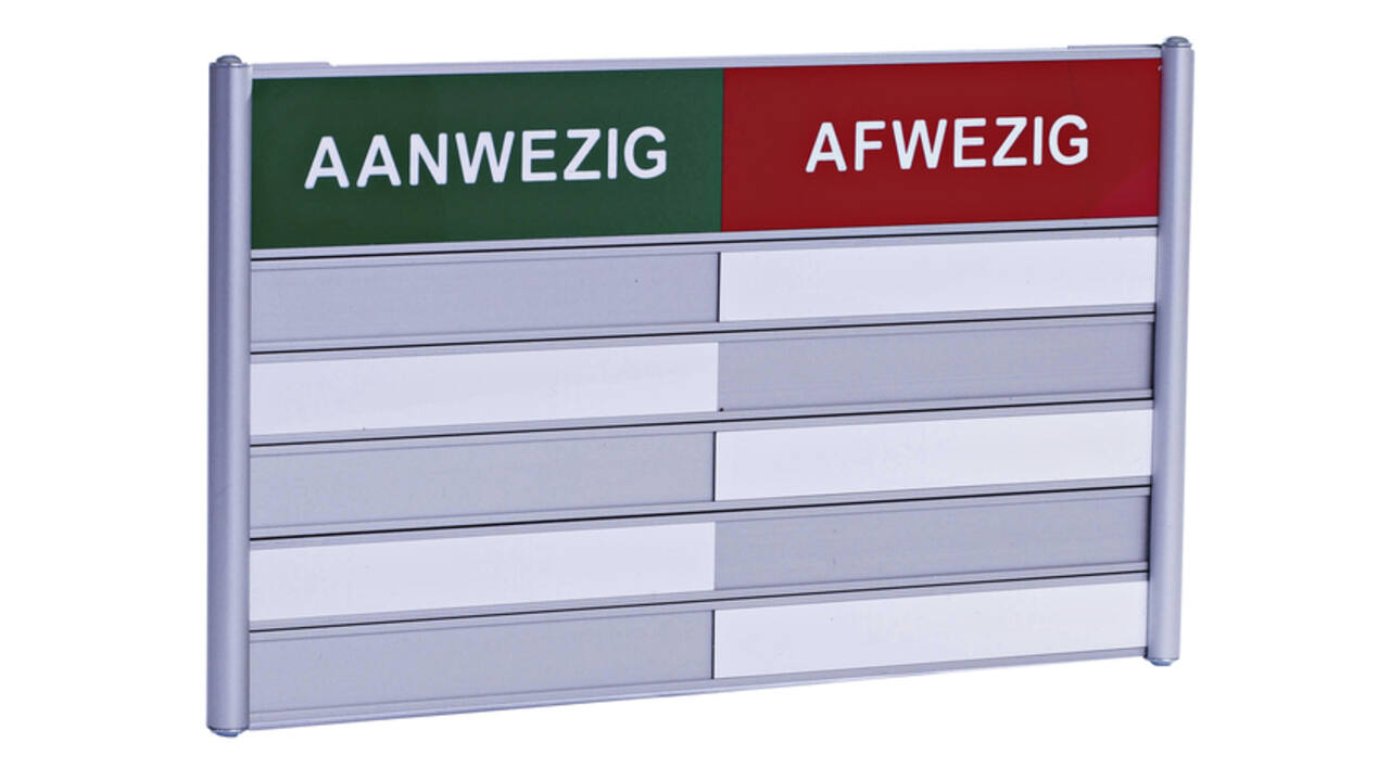 Aan- afwezigheidsbord voor 5 namen