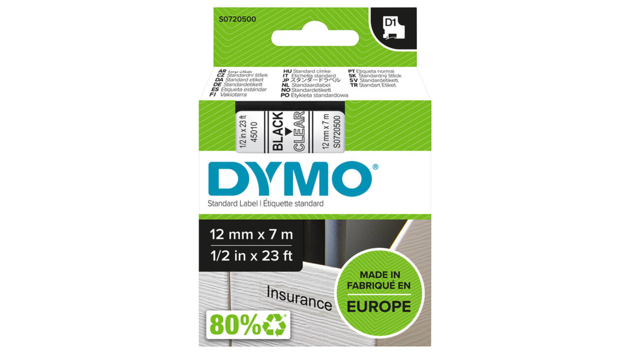 Labeltape Dymo LabelManager D1 polyester 12mm zwart op transparant