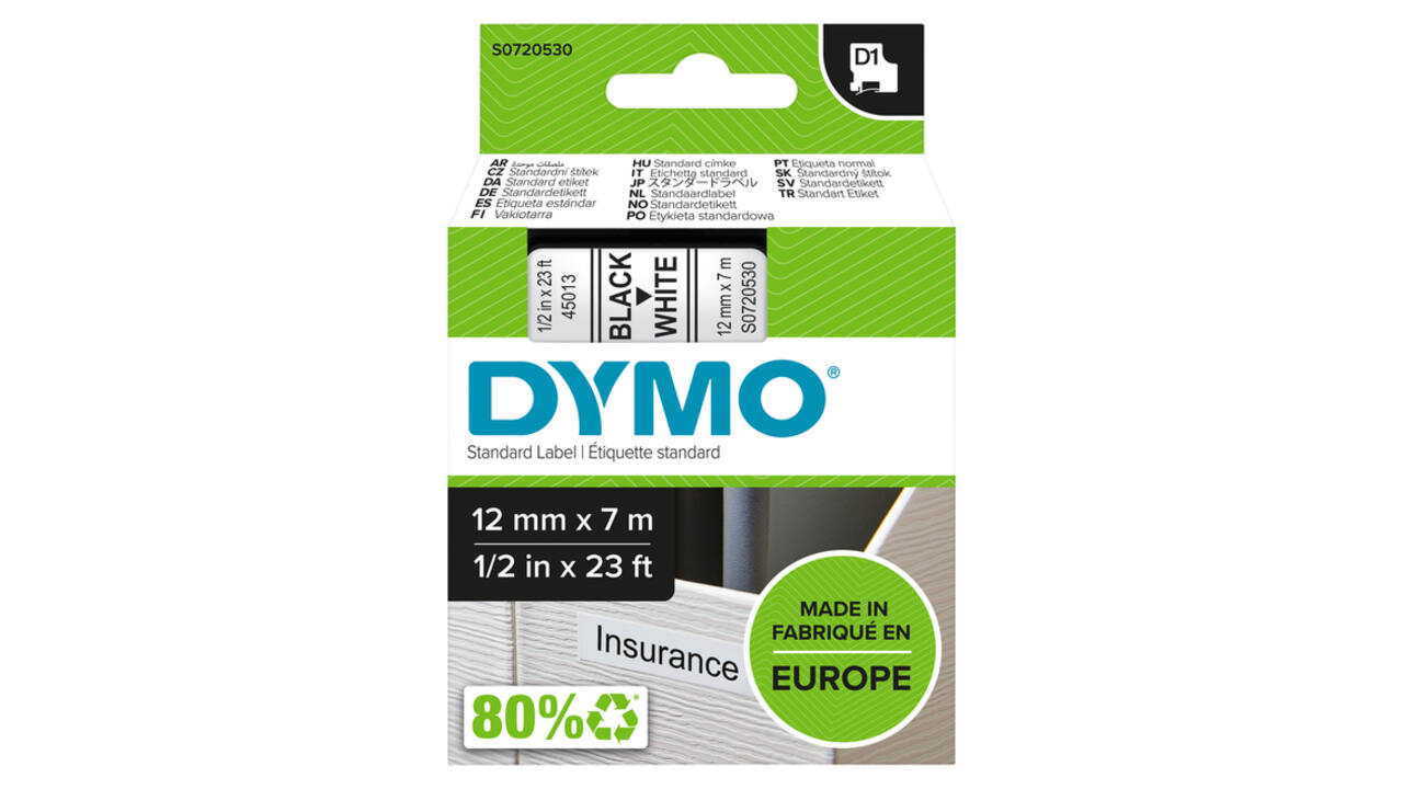Labeltape Dymo LabelManager D1 polyester 12mmx7m zwart op wit