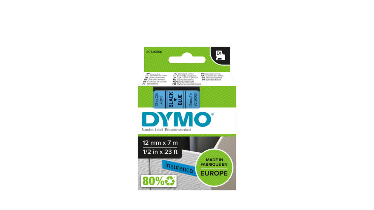 Labeltape Dymo LabelManager D1 polyester 12mm zwart op blauw