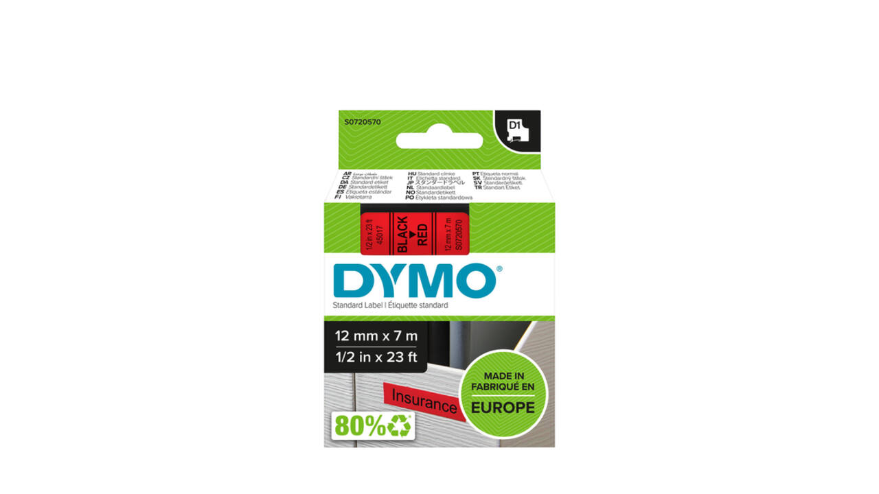 Labeltape Dymo LabelManager D1 polyester 12mm zwart op rood