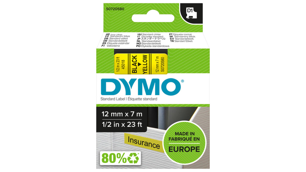 Labeltape Dymo LabelManager D1 polyester 12mm zwart op geel
