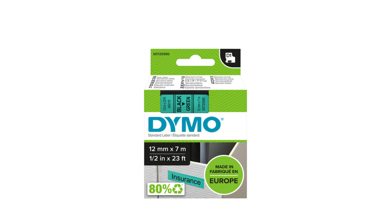 Labeltape Dymo LabelManager D1 polyester 12mm zwart op groen
