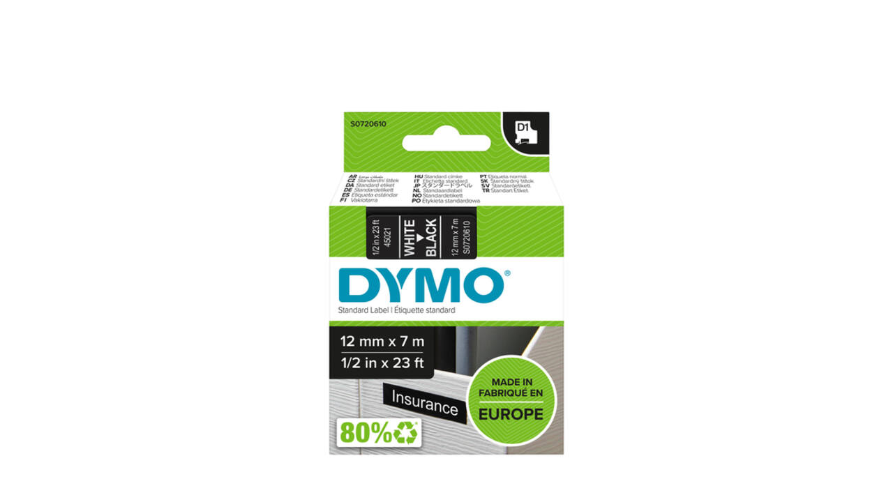 Labeltape Dymo LabelManager D1 polyester 12mmx7m wit op zwart