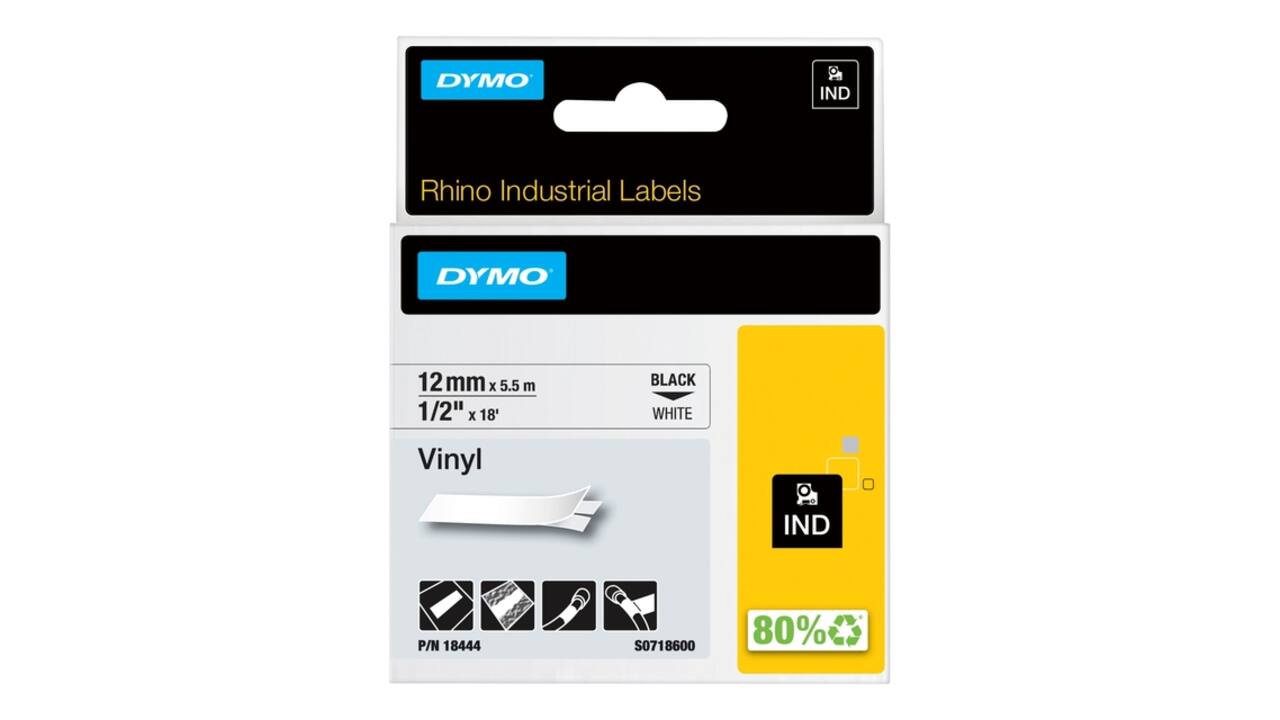 Labeltape Dymo Rhino industrieel vinyl 12mm zwart op wit