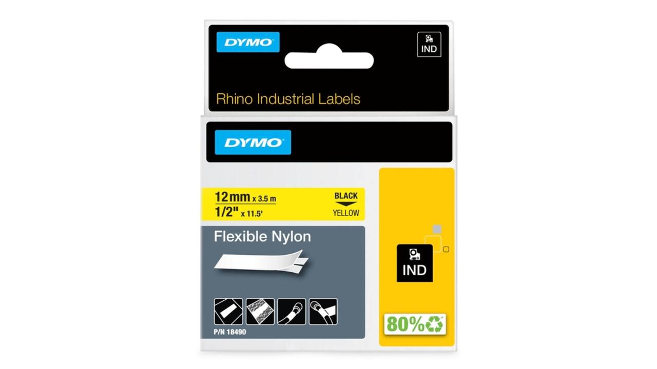 Labeltape Dymo Rhino industrieel nylon 12mm zwart op geel