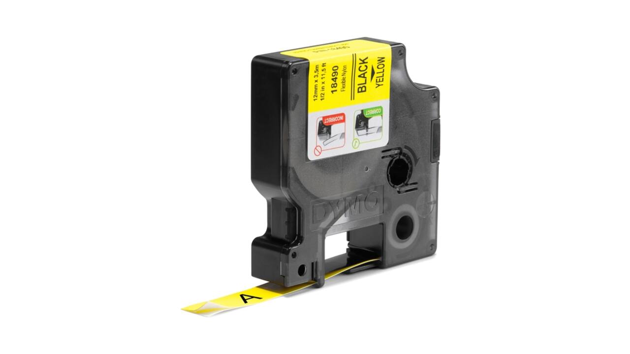 Labeltape Dymo Rhino industrieel nylon 12mm zwart op geel