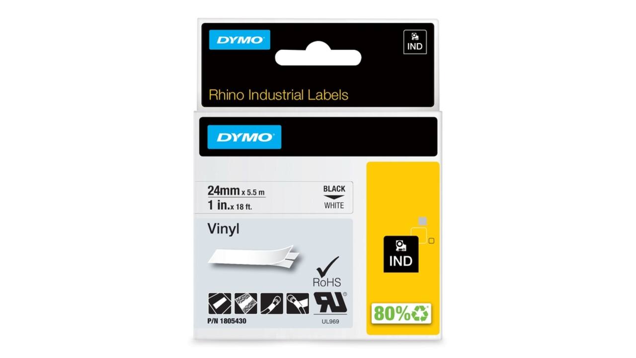 Labeltape Dymo Rhino industrieel vinyl 24mm zwart op wit