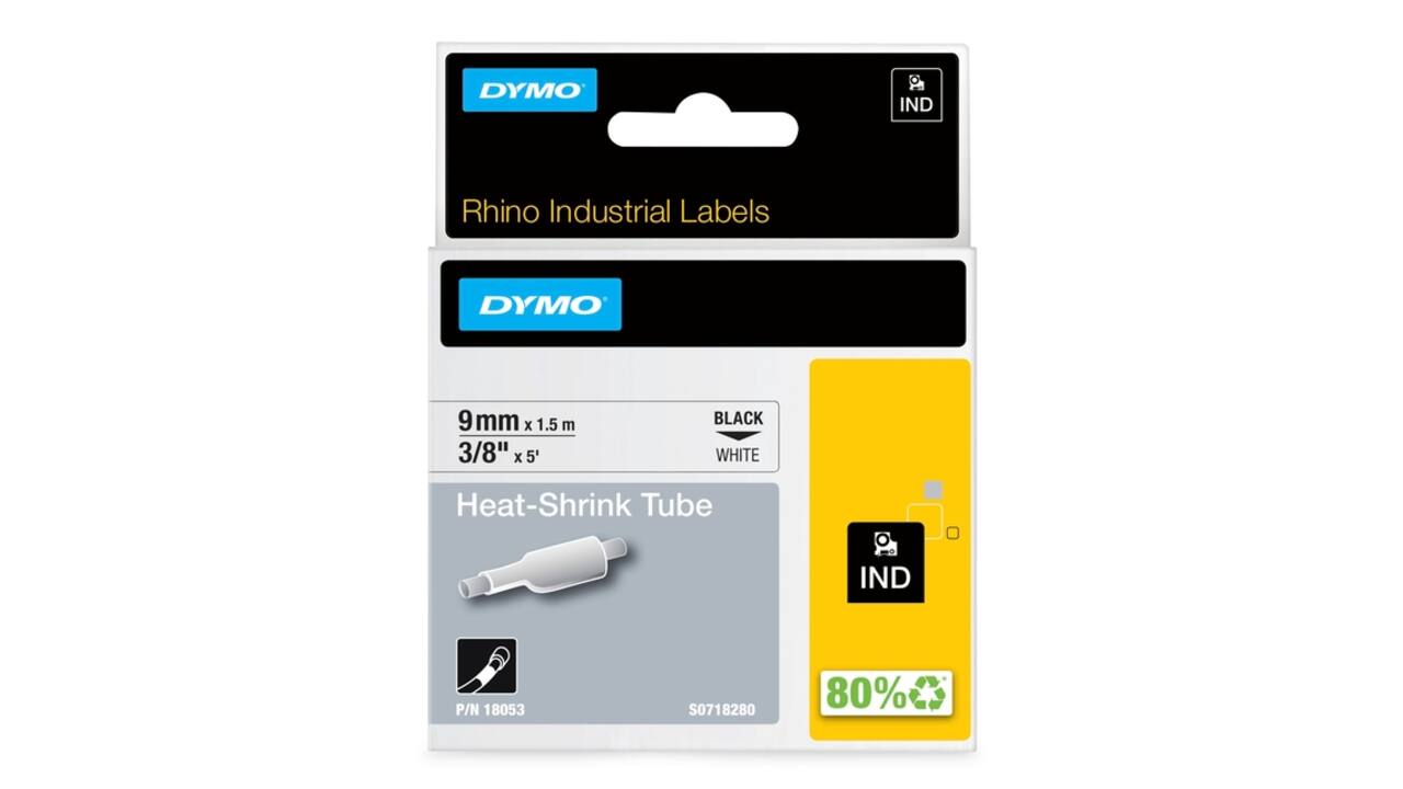 Labeltape Dymo Rhino industrieel krimpkous 9mm zwart op wit
