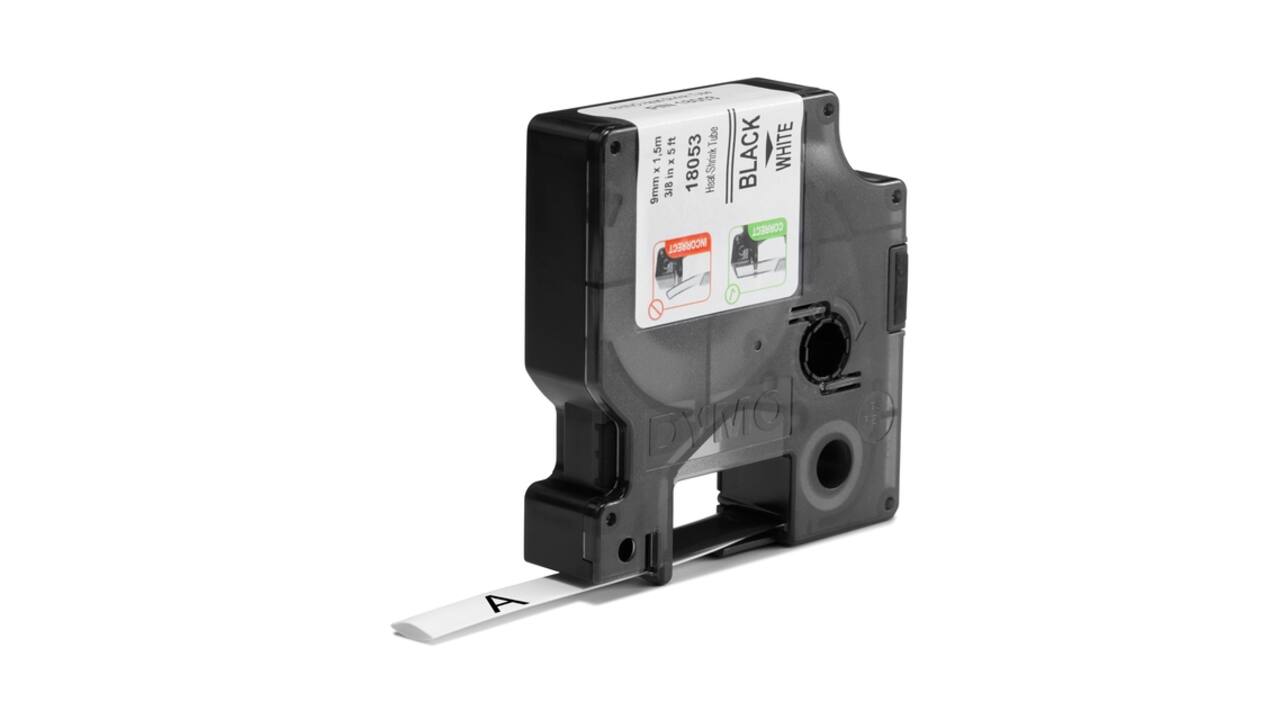 Labeltape Dymo Rhino industrieel krimpkous 9mm zwart op wit