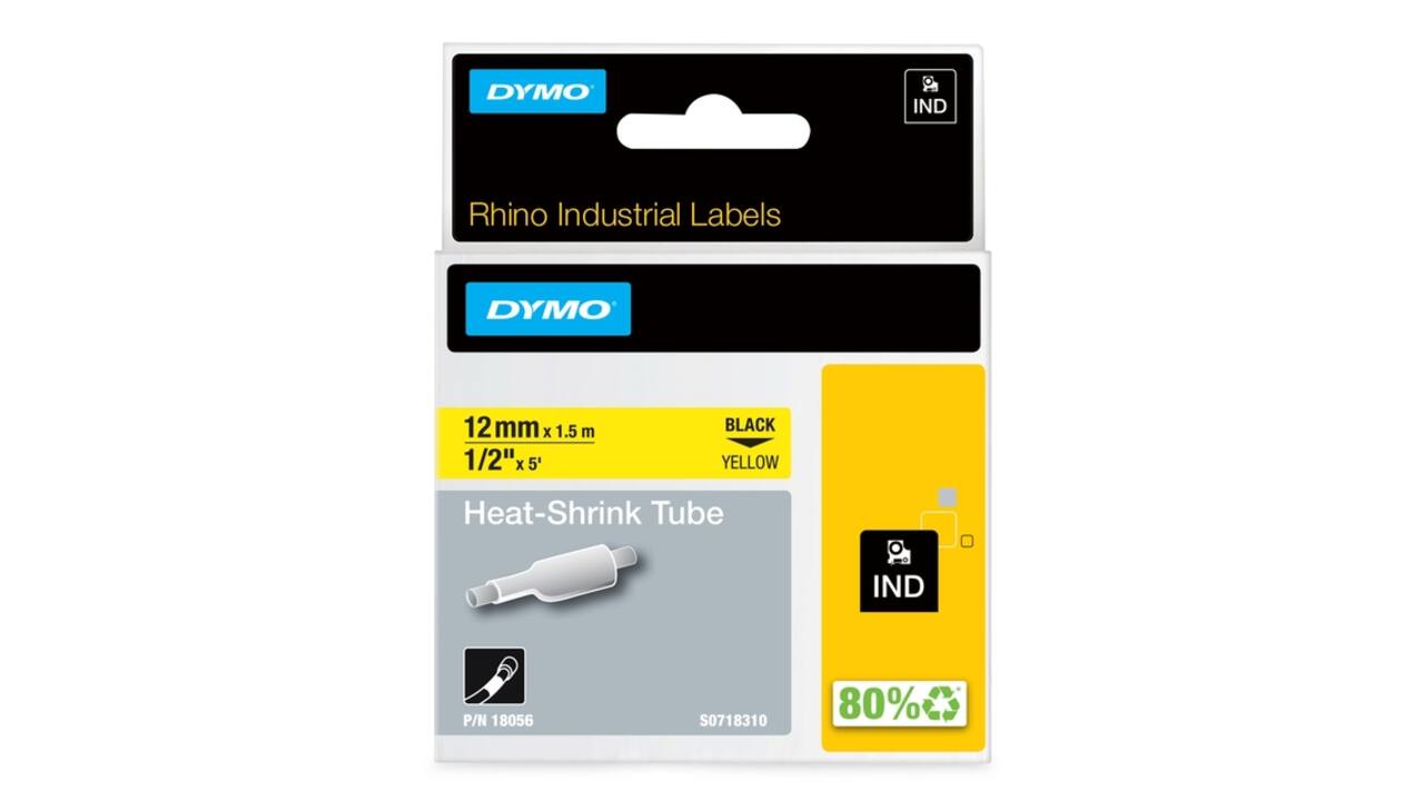 Labeltape Dymo Rhino industrieel krimpkous 12mm zwart op geel