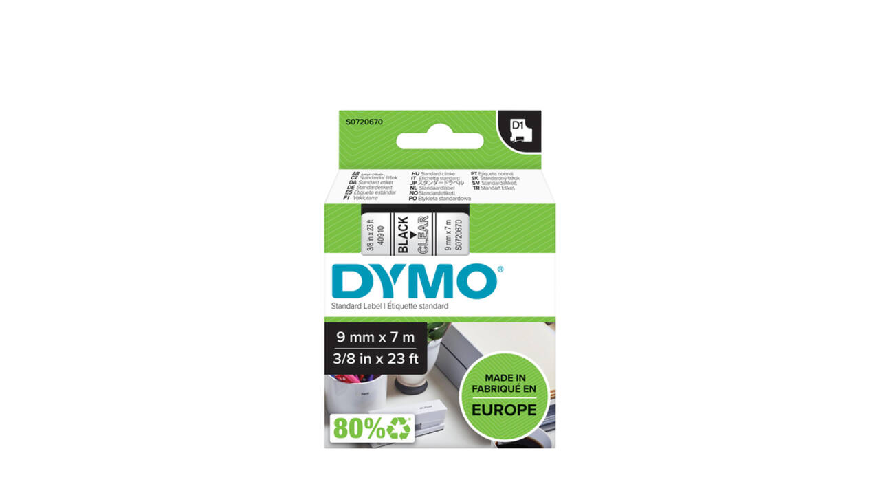 Labeltape Dymo LabelManager D1 polyester 9mm zwart op transparant