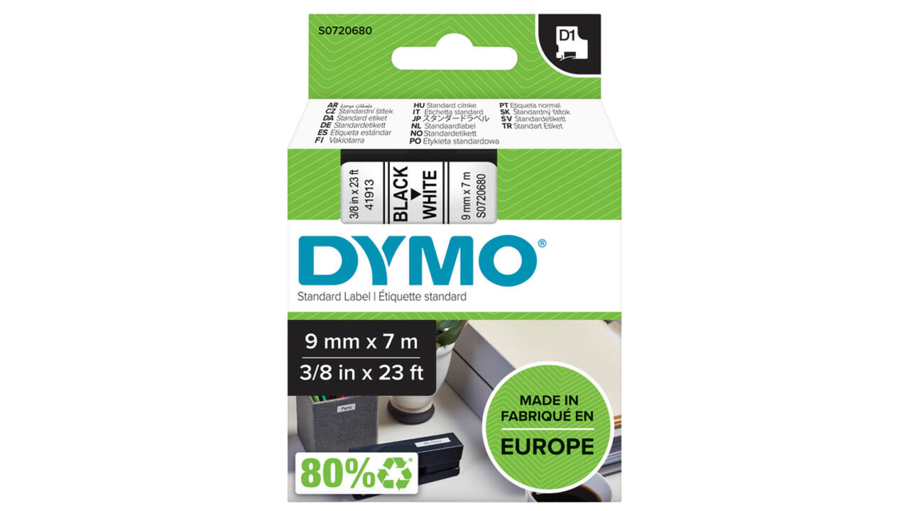 Labeltape Dymo LabelManager D1 polyester 9mm zwart op wit