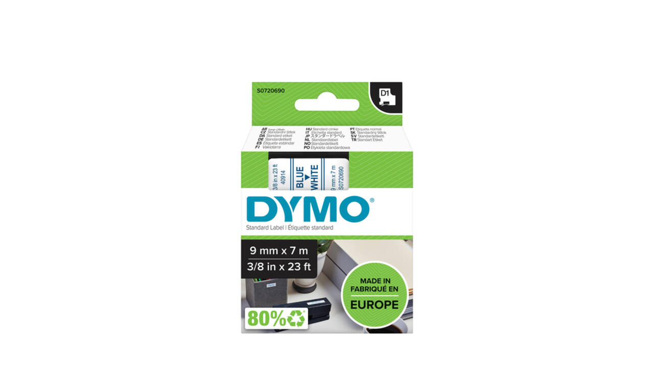 Labeltape Dymo LabelManager D1 polyester 9mm blauw op wit