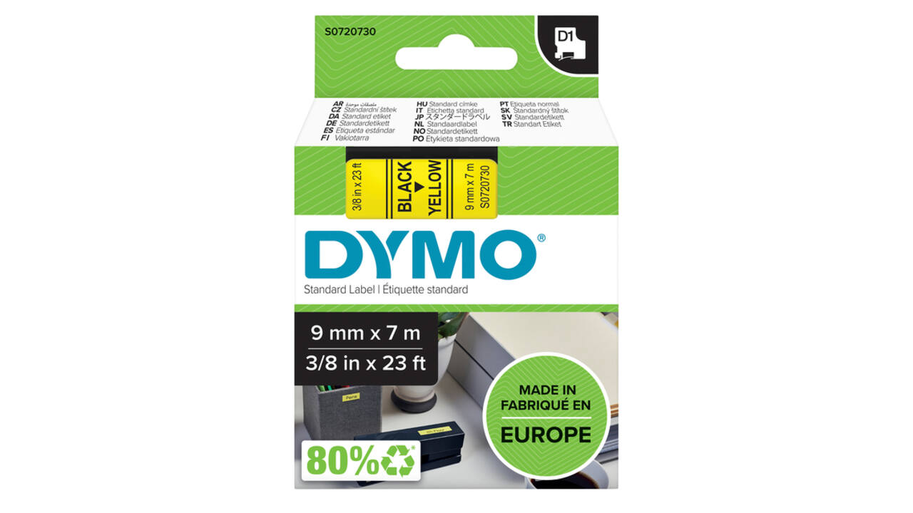 Labeltape Dymo LabelManager D1 polyester 9mm zwart op geel