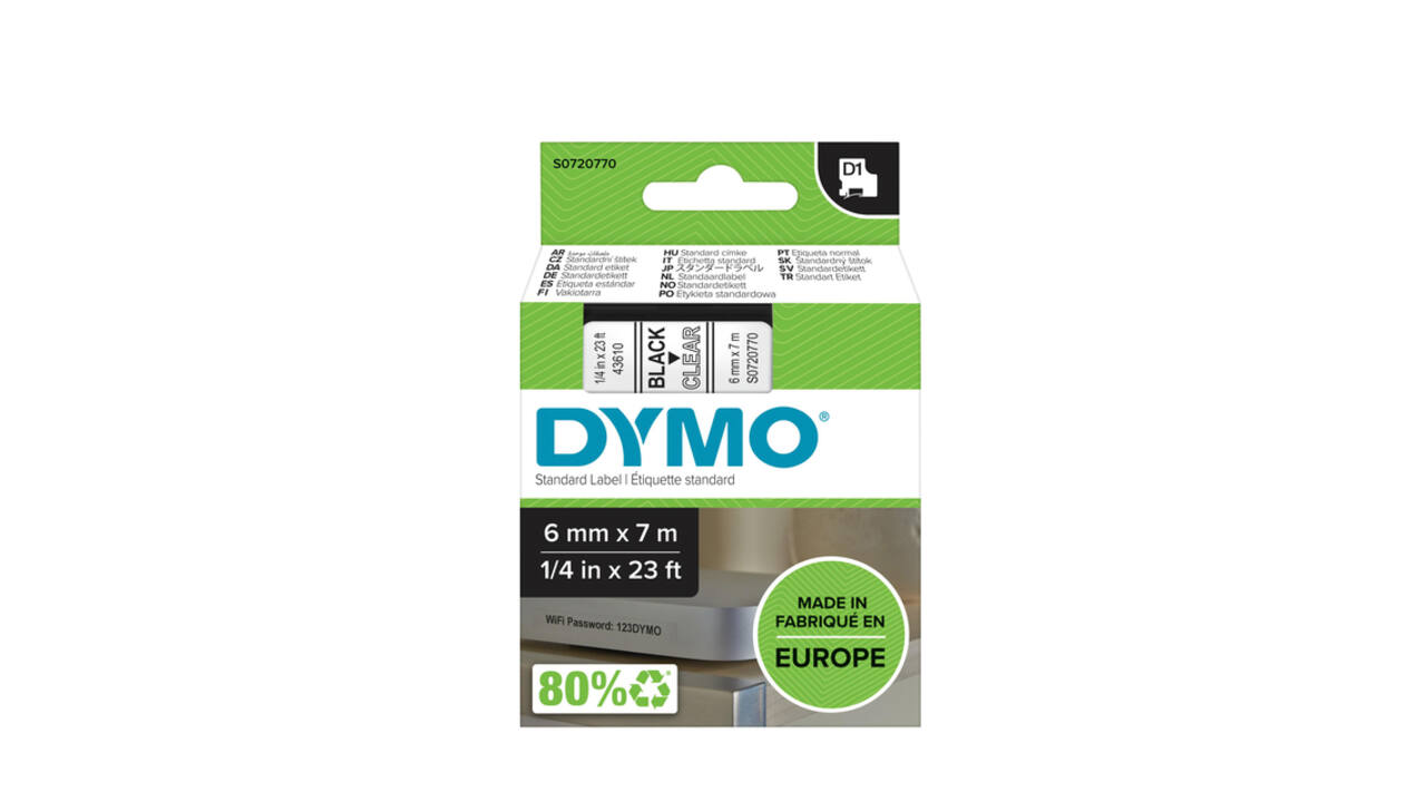 Labeltape Dymo LabelManager D1 polyester 6mm zwart op transparant