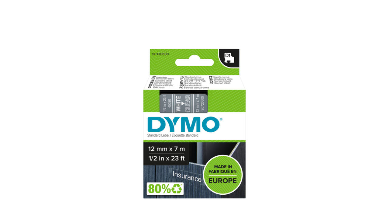 Labeltape Dymo LabelManager D1 polyester 12mm wit op transparant