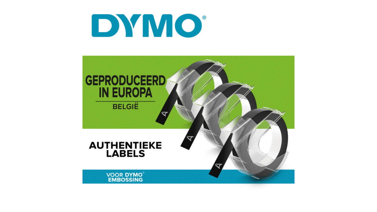 Reliëftape Dymo embossing vinyl 9mm wit op blauw
