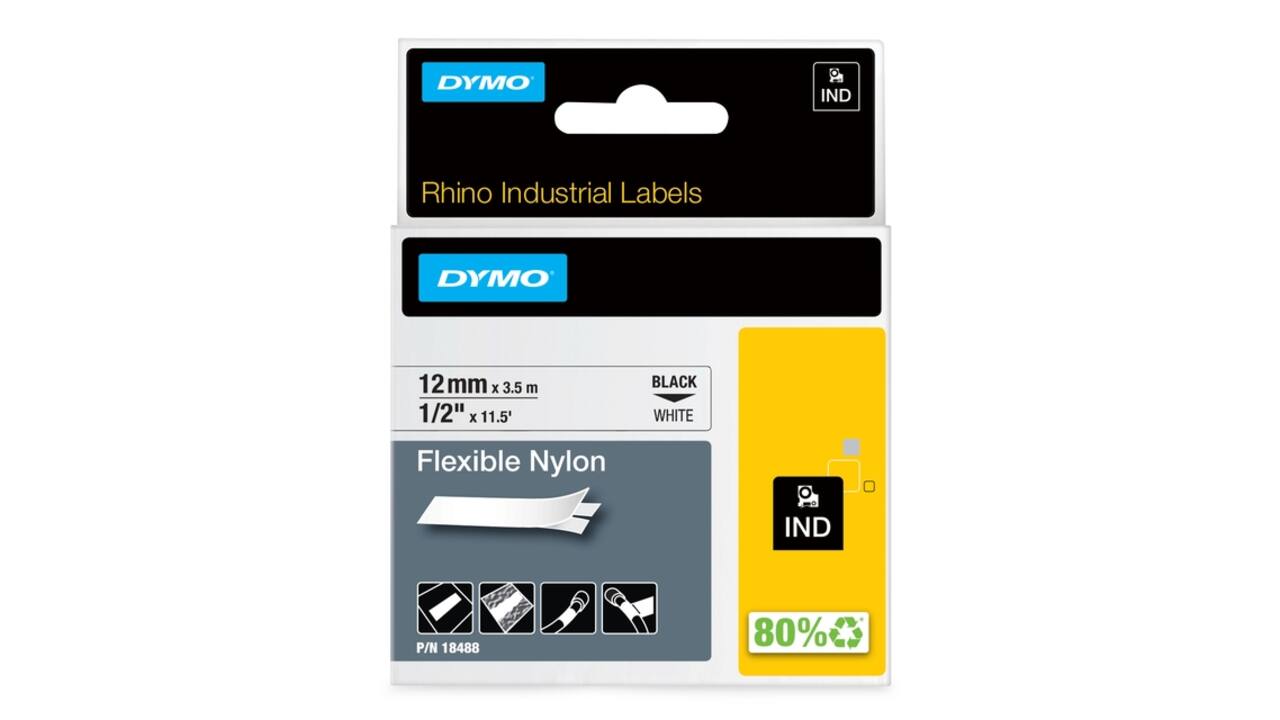 Labeltape Dymo Rhino industrieel nylon 12mm zwart op wit