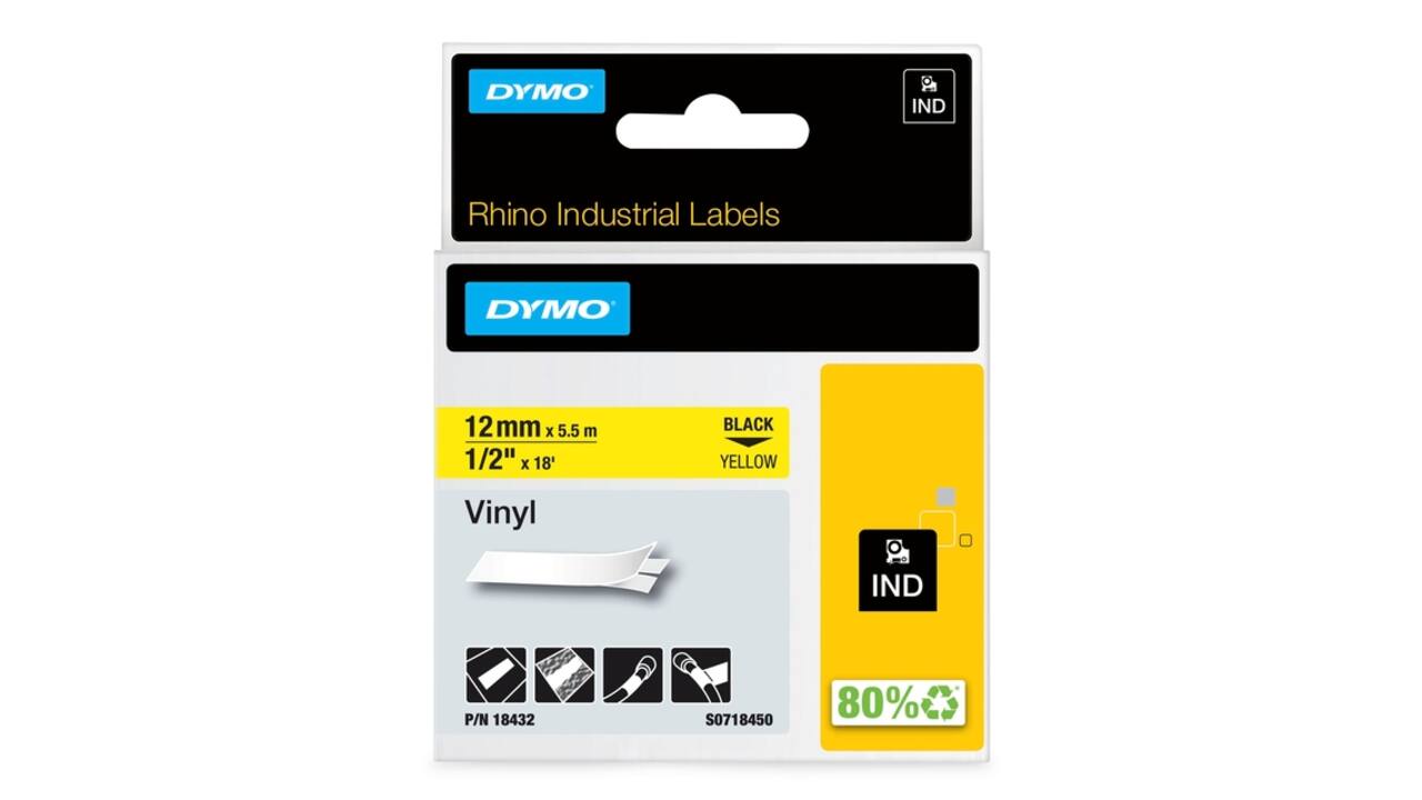 Labeltape Dymo Rhino industrieel vinyl 12mm zwart op geel