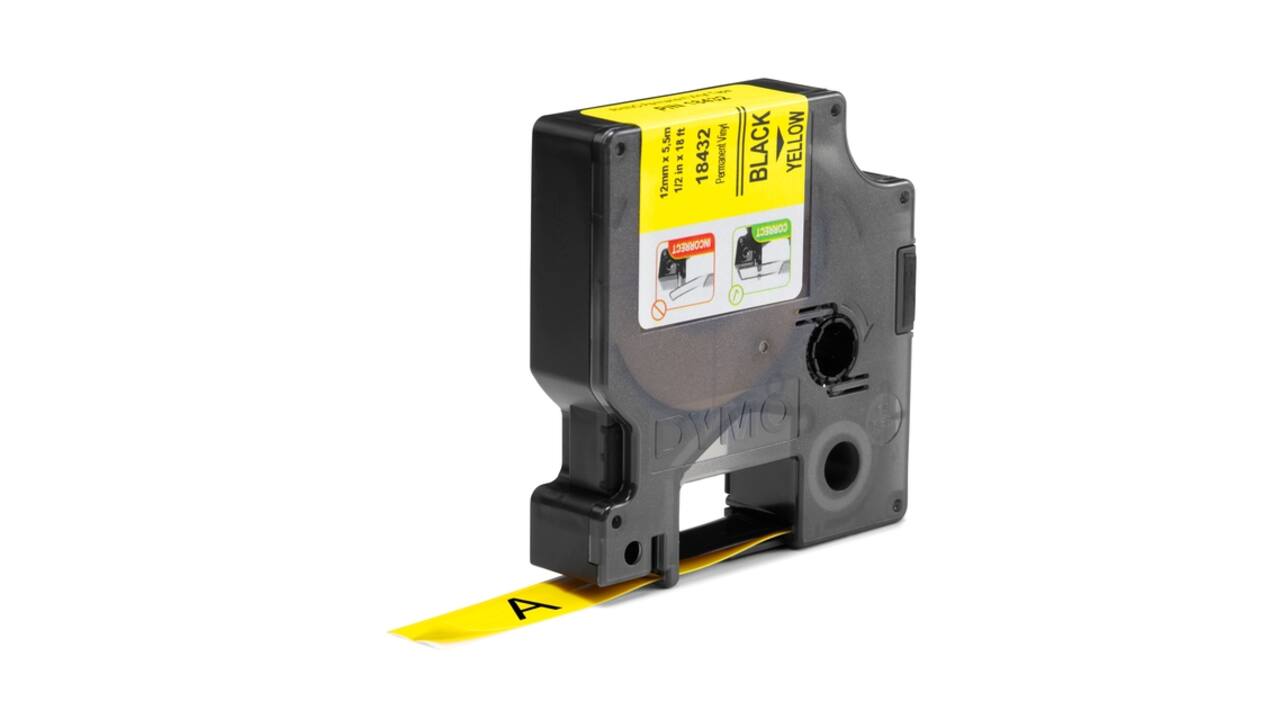 Labeltape Dymo Rhino industrieel vinyl 12mm zwart op geel