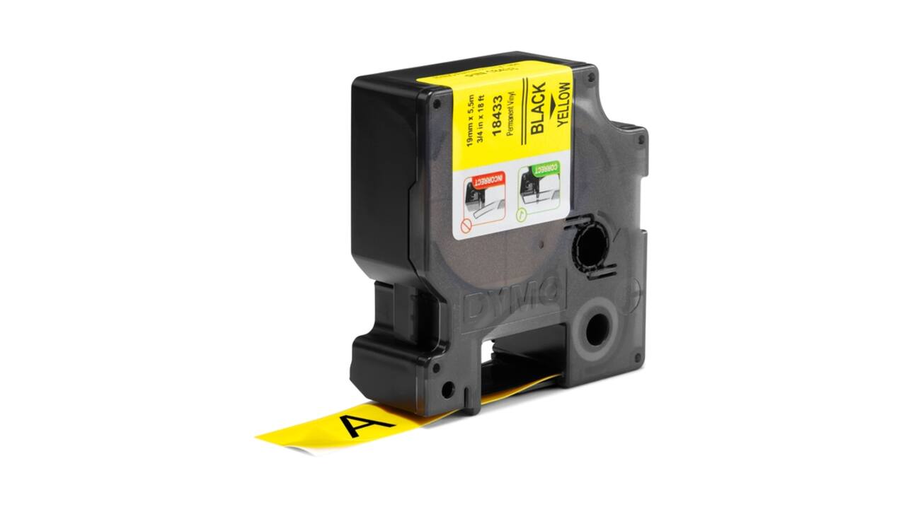 Labeltape Dymo Rhino industrieel vinyl 19mm zwart op geel