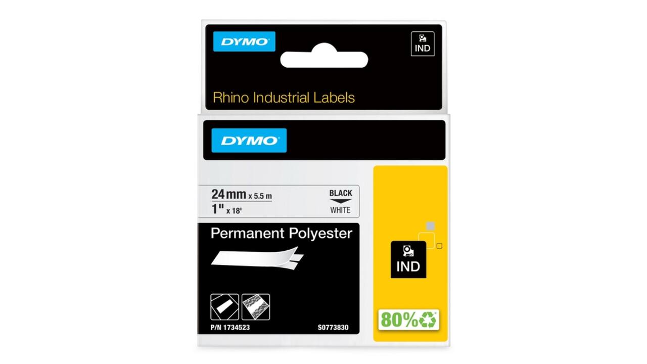 Labeltape Dymo Rhino industrieel polyester 24mm zwart op wit