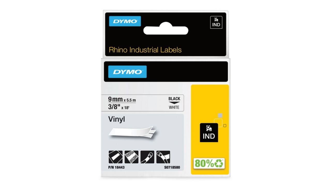 Labeltape Dymo Rhino industrieel vinyl 9mm zwart op wit